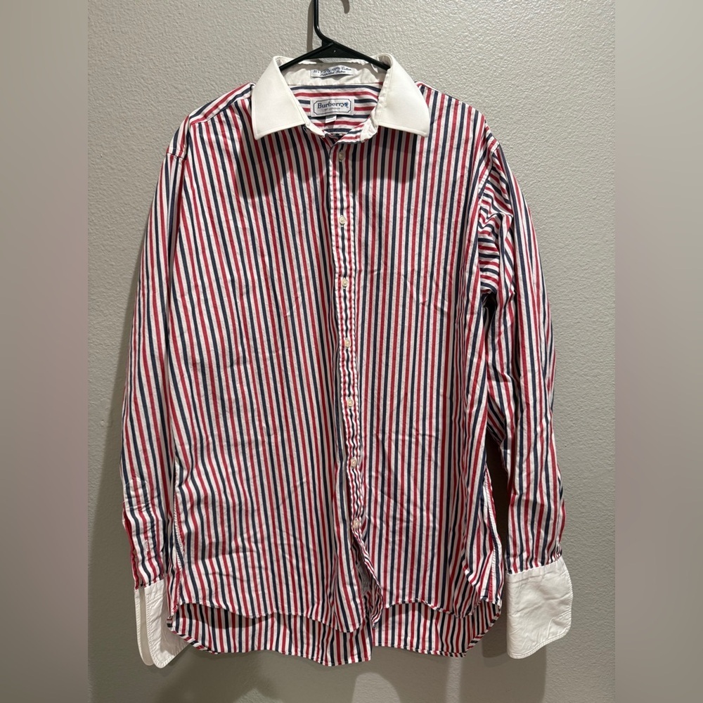 Burberrys Red White Striped Mens Button Down Shirt